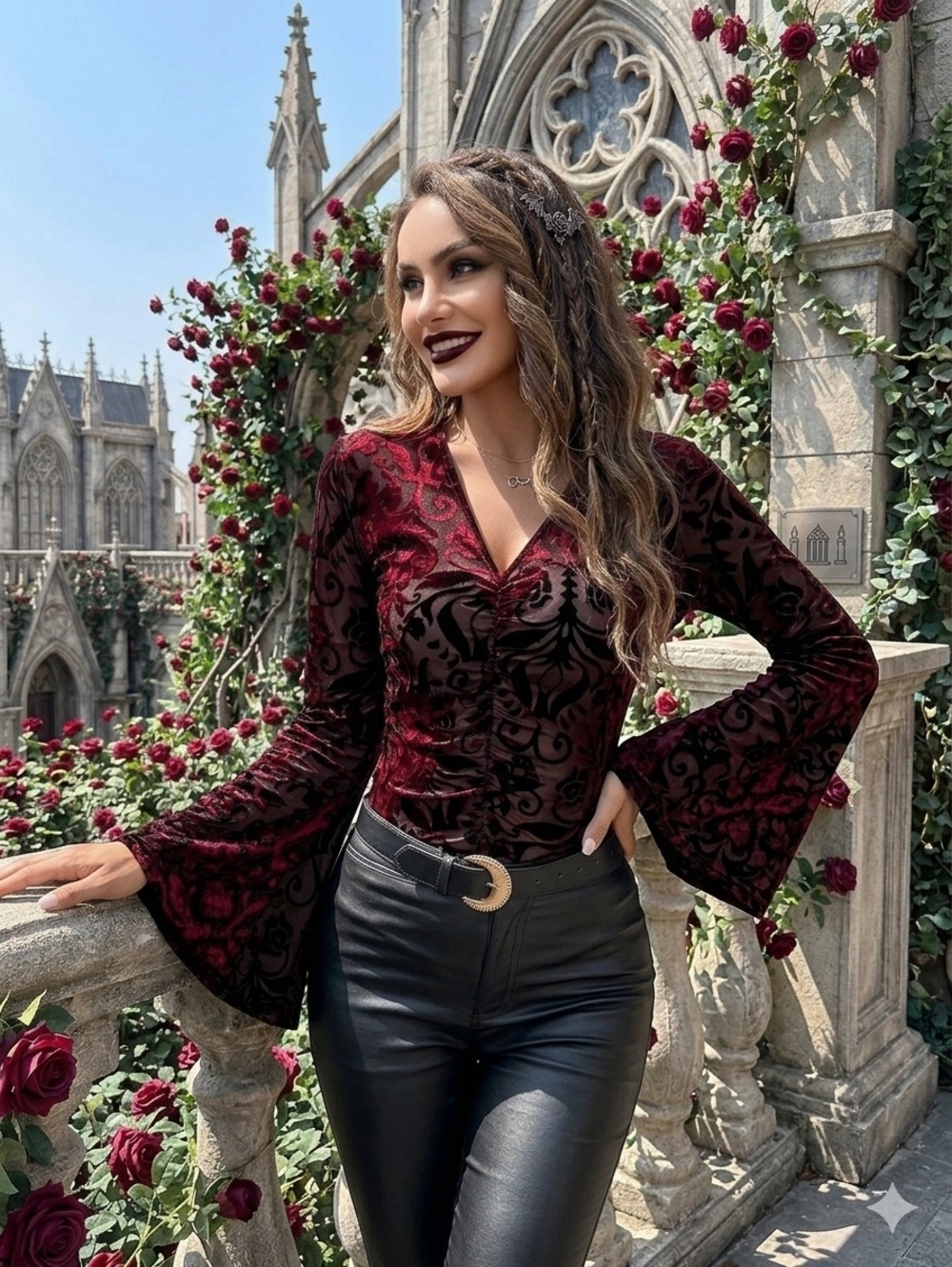 Women's Burgundy Velvet Burnout V-Neck Long Sleeve Top with Bell Sleeves